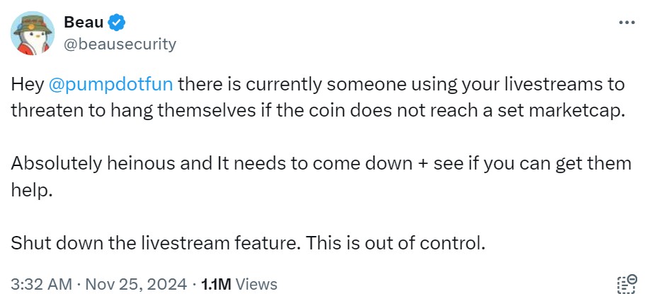 X tweet from security expert Beau calling for shut down of Pump.fun's livestreaming feature.