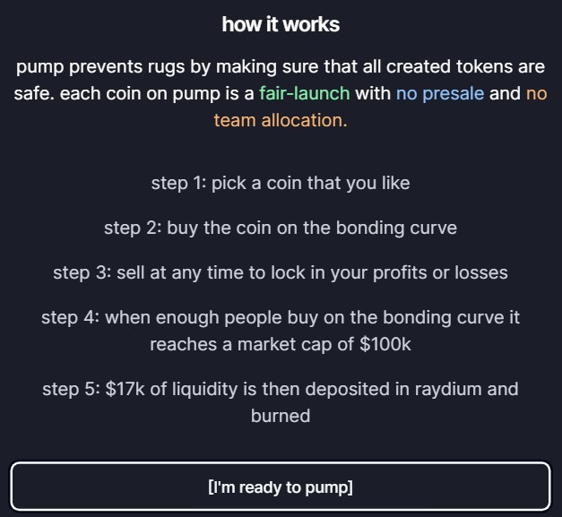 Pump.fun's welcome note states that it prevents scams and rug pulls.
