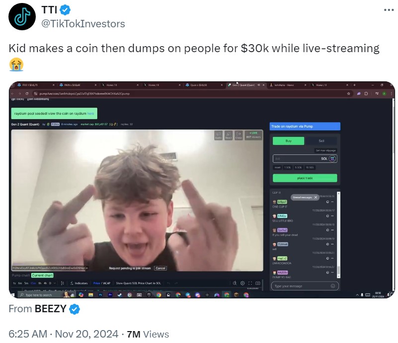 A tweet accuses teenager of conducting a rug pull on a memecoin to pocket $30,000.