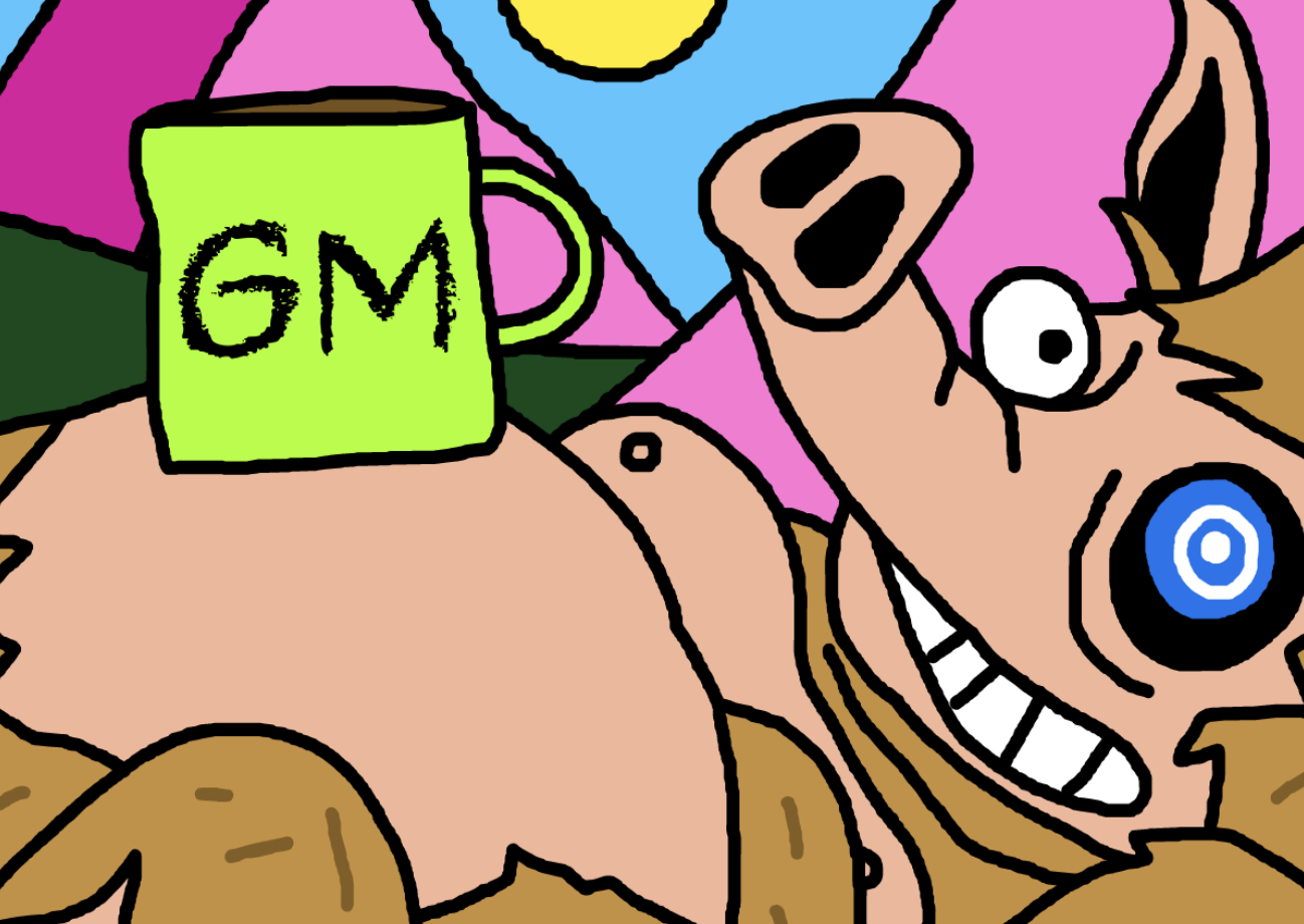 緑の「GM」マグカップをお腹に乗せて笑顔を見せるSnorterキャラクター。背景にはカラフルな山と太陽が描かれた明るい朝の風景が広がっており、元気でユーモラスな雰囲気を演出。