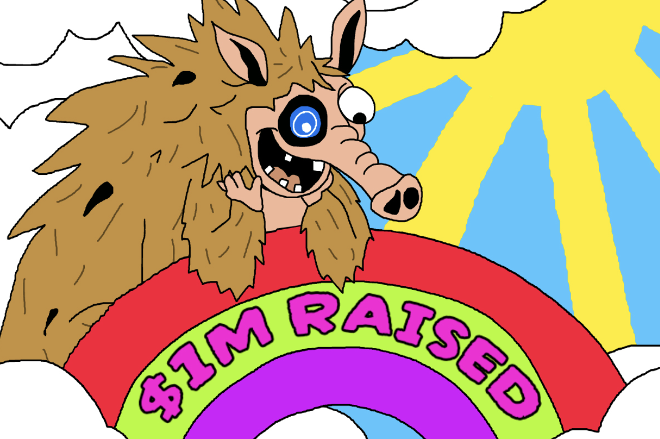虹の上に立ち「$1M RAISED（100万ドル調達）」と掲げるSnorterキャラクター。晴れ渡る空と太陽が背景に広がり、プレセール成功の喜びを表現した明るいイラスト。