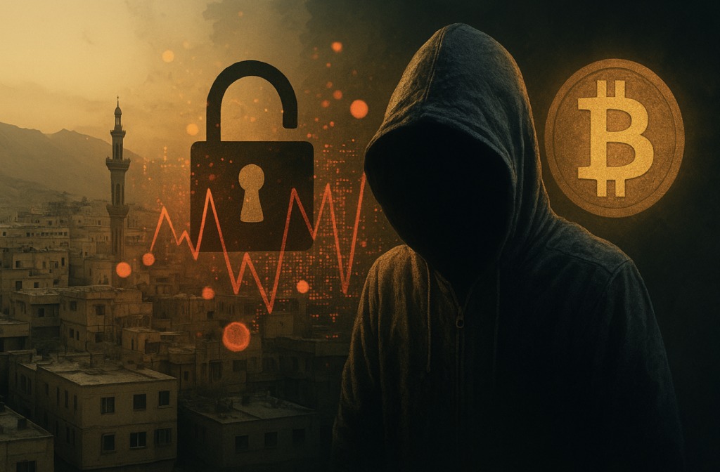 中東の都市を背景に、ビットコインとセキュリティの象徴を表すロックアイコンとフード姿のハッカーを描いた仮想通貨ハッキングのイメージ