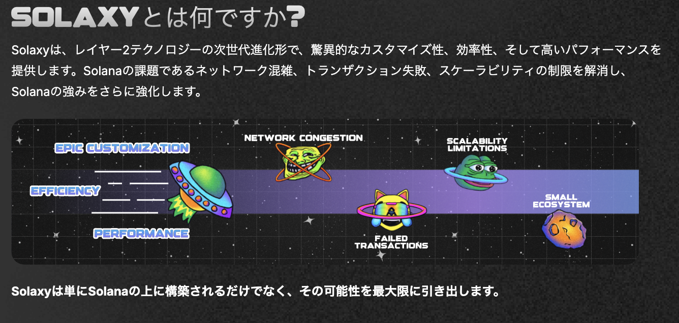 Solaxyの特徴を紹介する図。カスタマイズ性・効率性・パフォーマンスの向上によって、Solanaのネットワーク混雑・取引失敗・スケーラビリティ制限・小規模エコシステムといった課題を解決することが強調されている