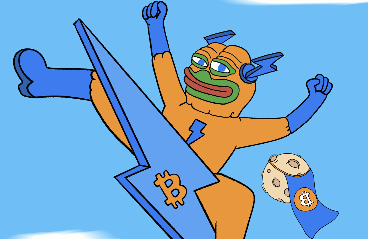 ビットコインのロゴと雷のシンボルをまとったミーム風キャラクターが、力強く空を蹴って飛び立つ様子。背景にはビットコインのマントをつけた月が浮かび、Bitcoin Hyperの高成長とレイヤー2のスピード感を象徴