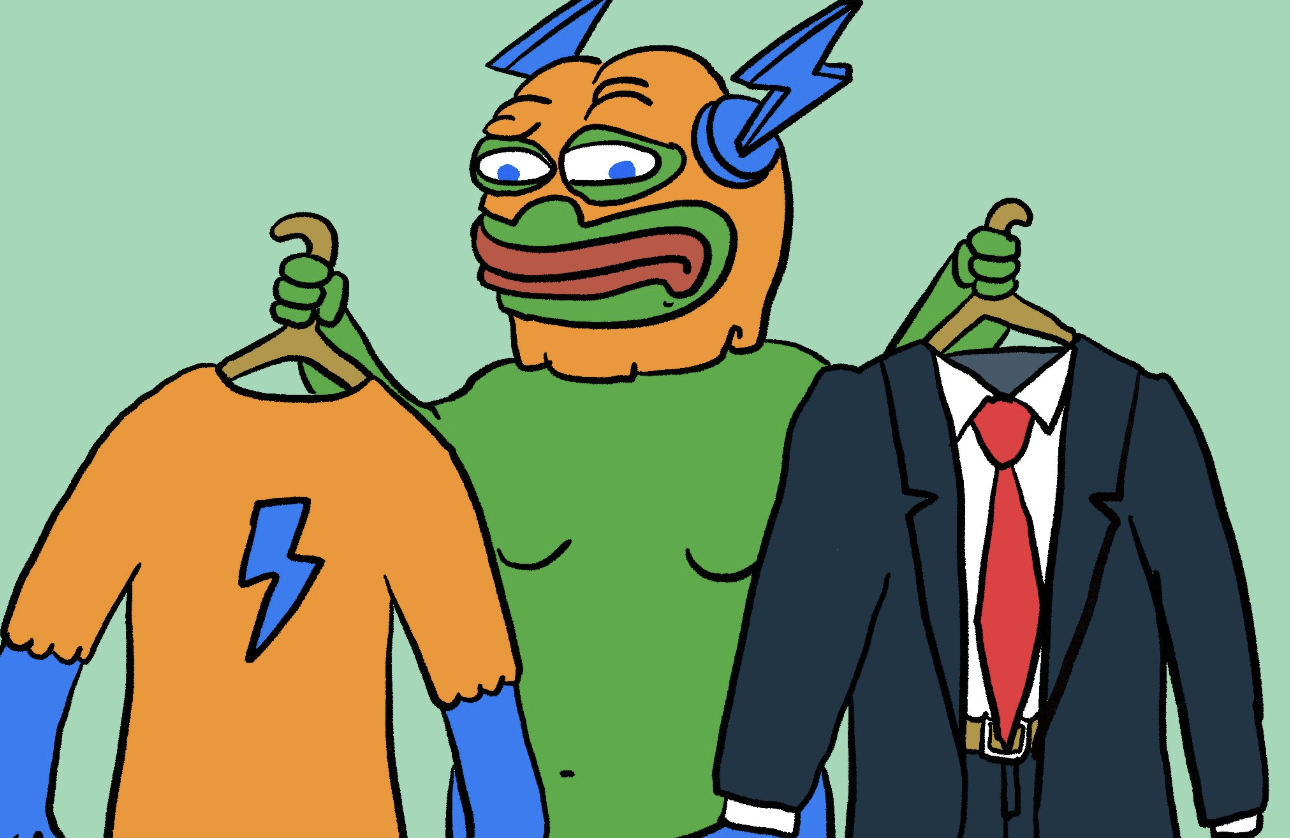 ミーム風のキャラクターが、ヒーロー風のオレンジ色Tシャツとビジネススーツを手に取り、どちらを着るか迷っている様子。Bitcoin Hyperのユーモラスな個性と、真剣な技術革新の両面を象徴