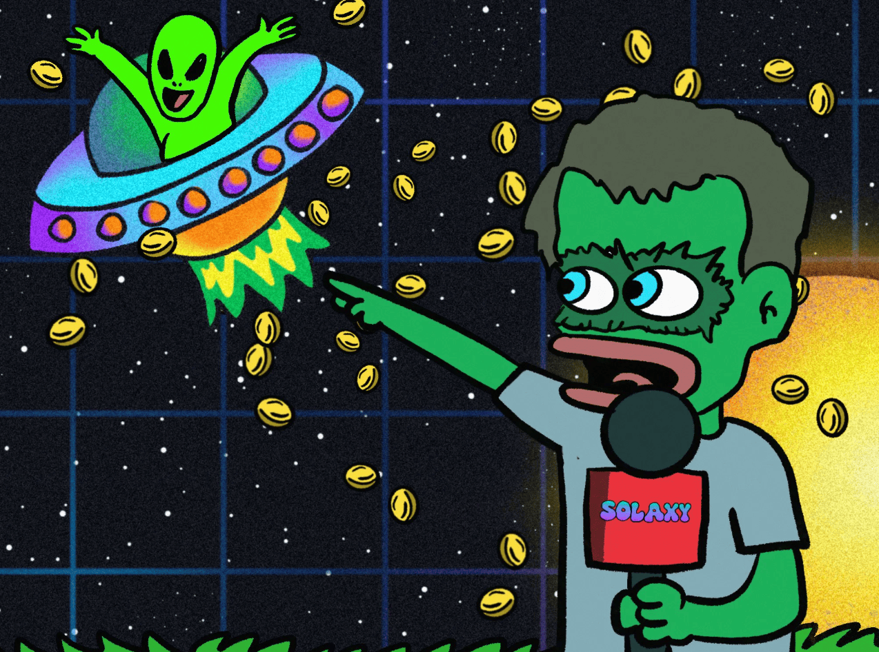 宇宙船に乗ったエイリアンが仮想通貨のコインをばらまいている様子を、Solaxyマイクを持った緑のキャラクターが宇宙空間で指さしているコミカルなイラスト