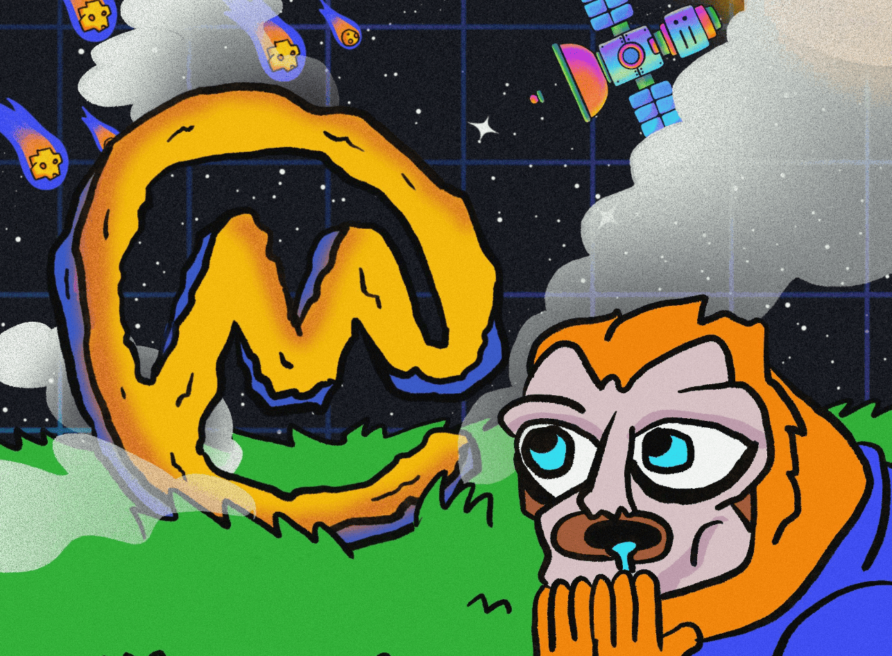 宇宙空間でCoinMarketCapのロゴを見上げながら感動するミーム風キャラクターと、周囲を飛び交うメテオや人工衛星のサイケデリックなアートワーク
