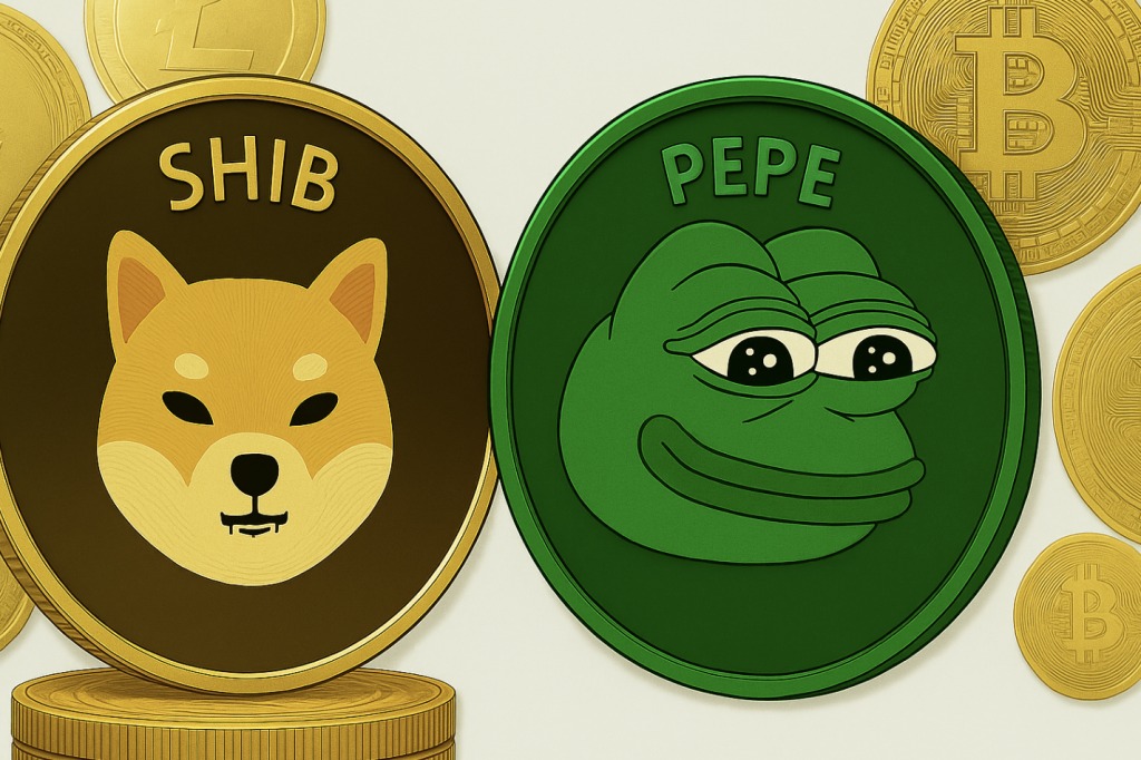 柴犬コイン（SHIB）とぺぺコイン（PEPE）を象徴するキャラクターが描かれたミームコインのイラスト。背景にはビットコインやライトコインのコインが並ぶ。