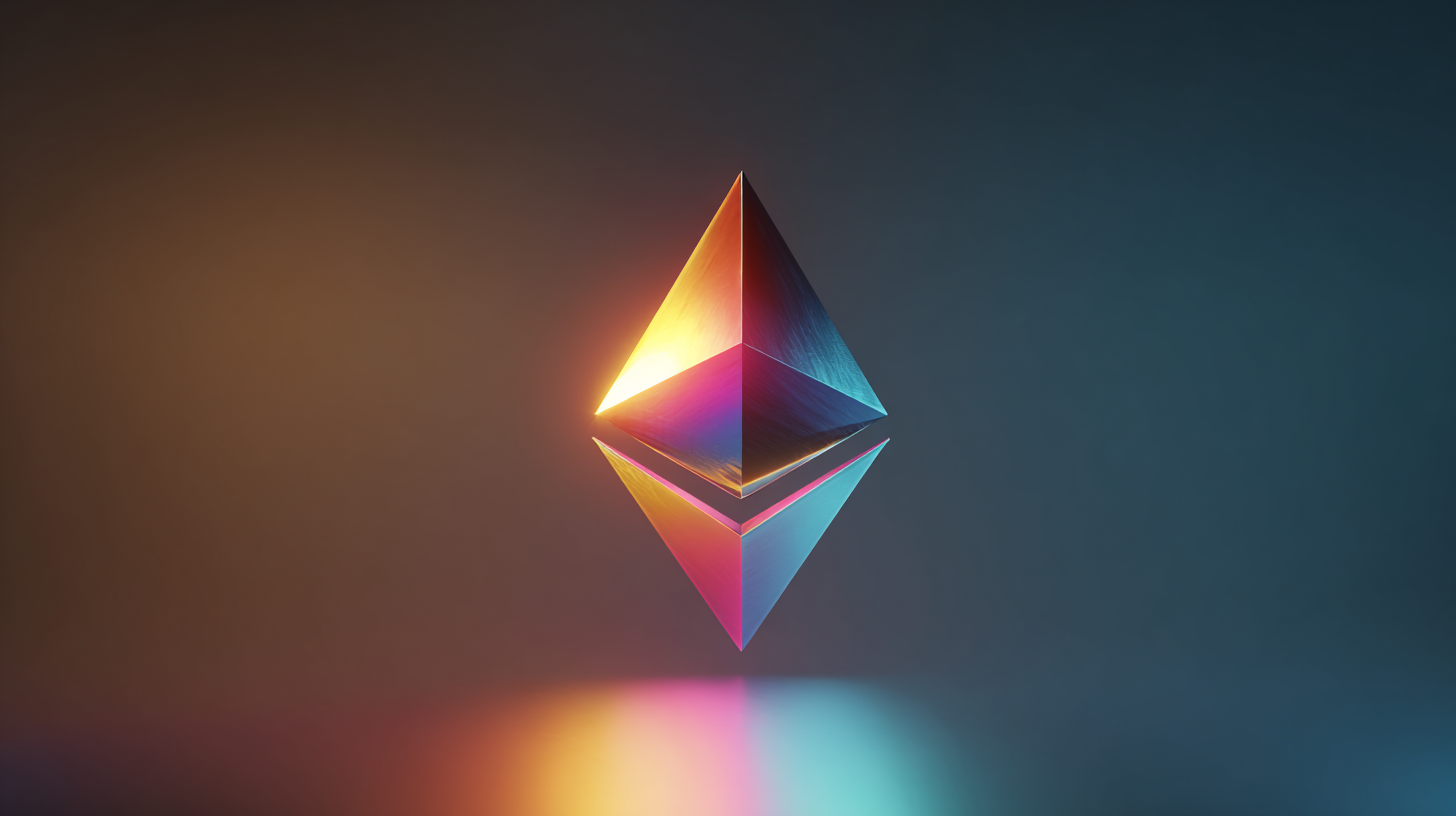 光沢のある立体的なイーサリアム(Ethereum)のロゴが暗い背景に浮かび上がる印象的なアートワーク