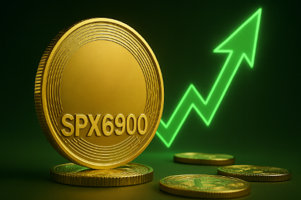 SPX6900の金色コインと、右上へ伸びる緑色の上昇チャート矢印。暗い背景に高騰を象徴するビジュアル