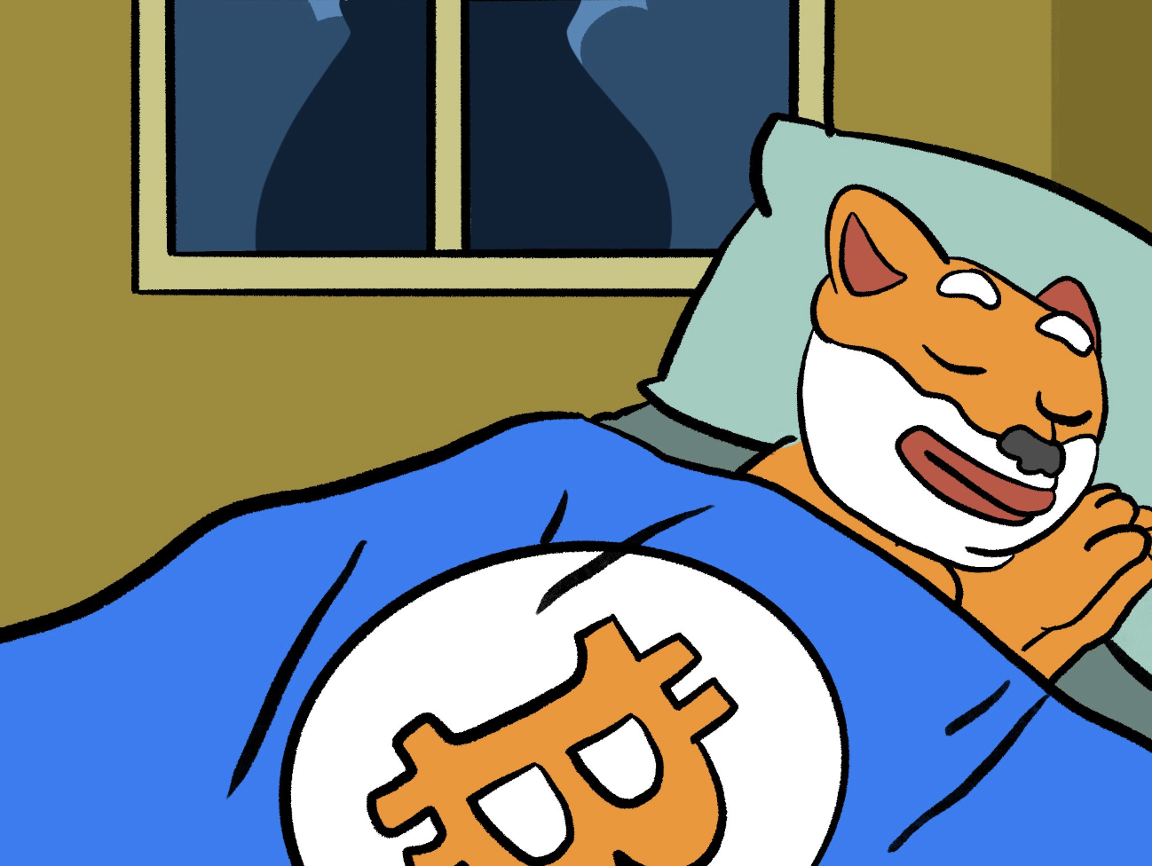 ビットコインのロゴが描かれた青い毛布をかけて眠る柴犬のイラスト。窓の外には人影が映っている