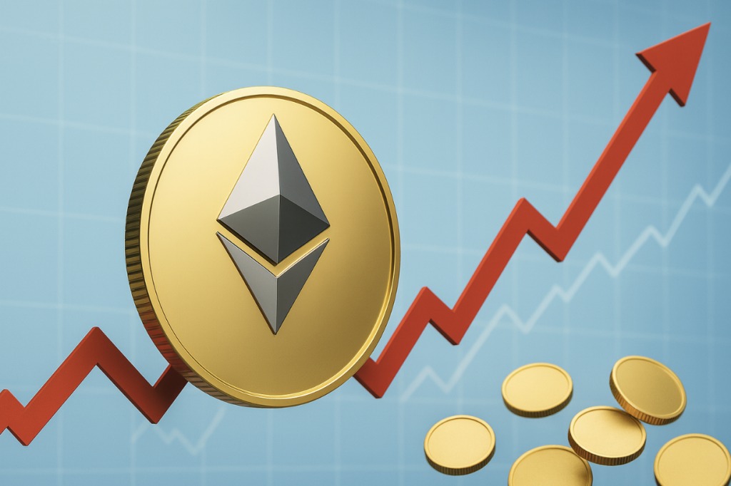 イーサリアムのロゴが刻まれた金色のコインと、上昇する赤い矢印。背景には価格チャートが表示されており、仮想通貨市場の価格上昇を示唆している