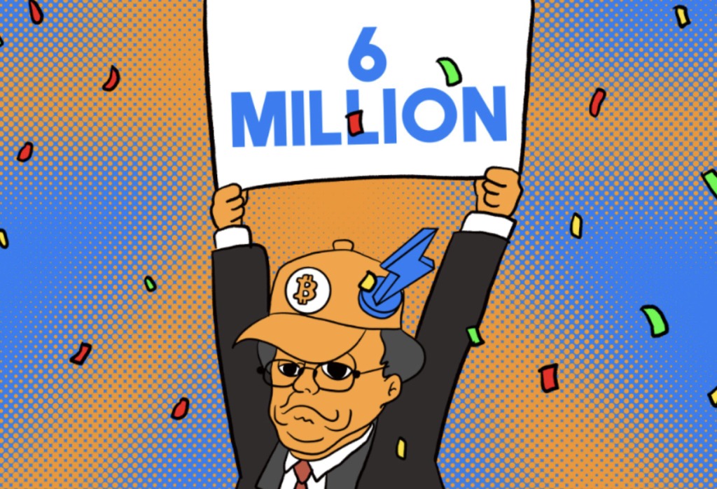 ビットコインの帽子をかぶった人物が『6 MILLION』と書かれたボードを掲げているポップアート風のイラスト。背景には紙吹雪が舞い、記録達成の祝賀ムードが表現されている