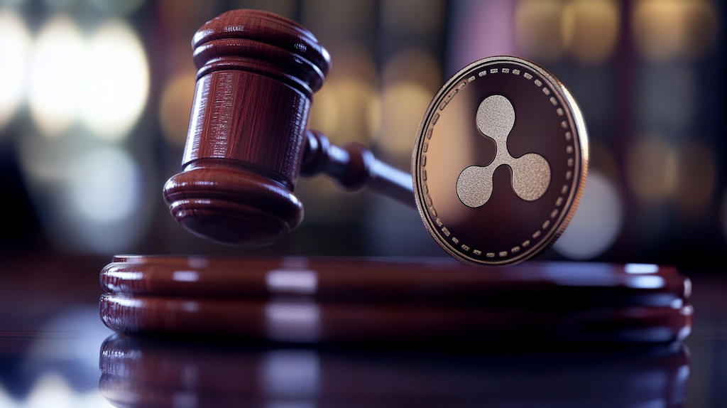 裁判官の木槌とリップル（XRP）のロゴが刻まれたコイン。暗い法廷の背景で、仮想通貨と規制を象徴する構図