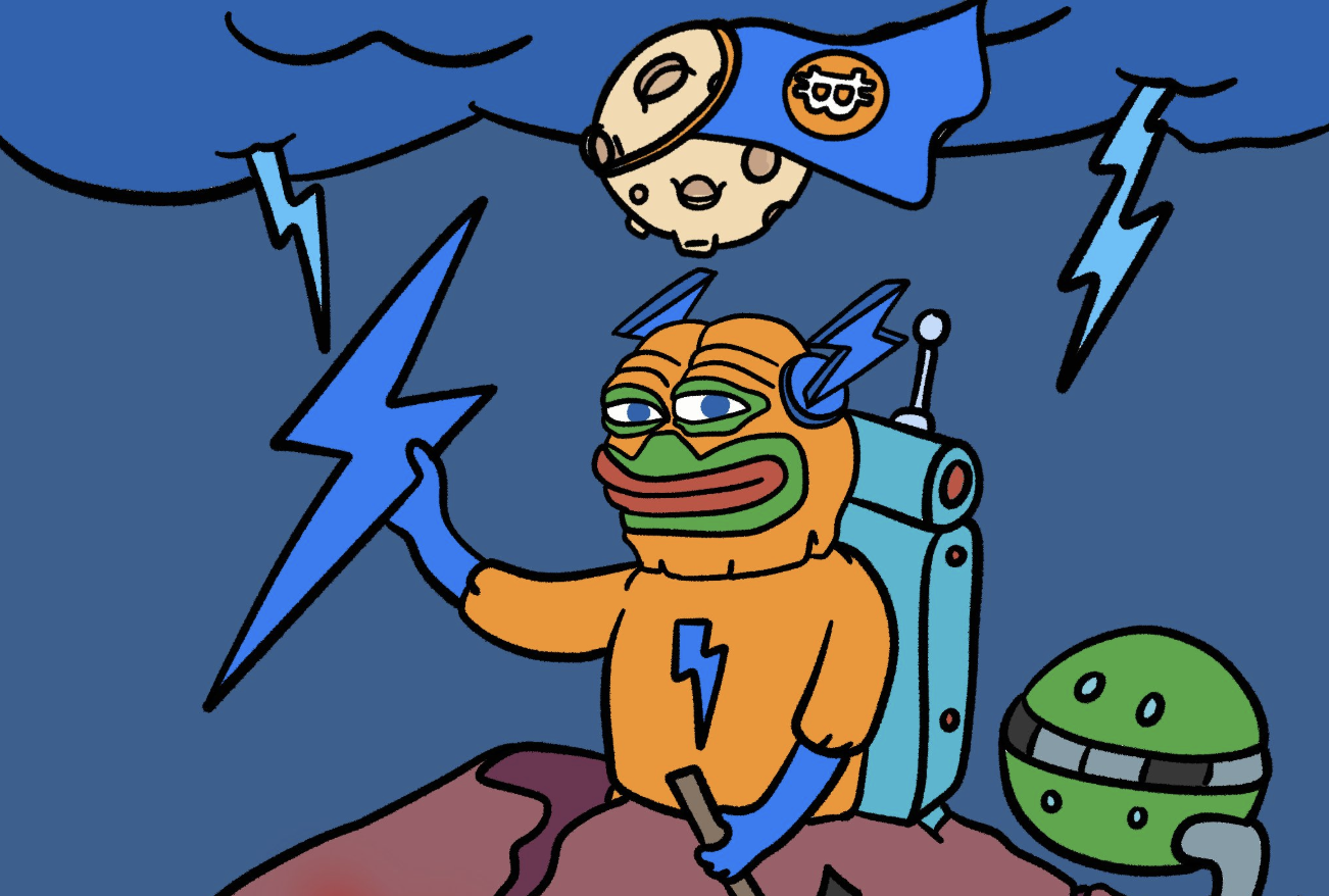 稲妻の槍を掲げるカエルのヒーローキャラクターが、嵐の雲と雷の下で立つイラスト。背景にはビットコインの旗が月に掲げられている