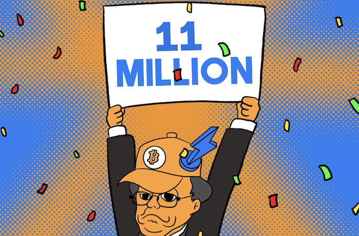 ビットコインの帽子をかぶった人物が『11 MILLION』の看板を掲げて祝うイラスト