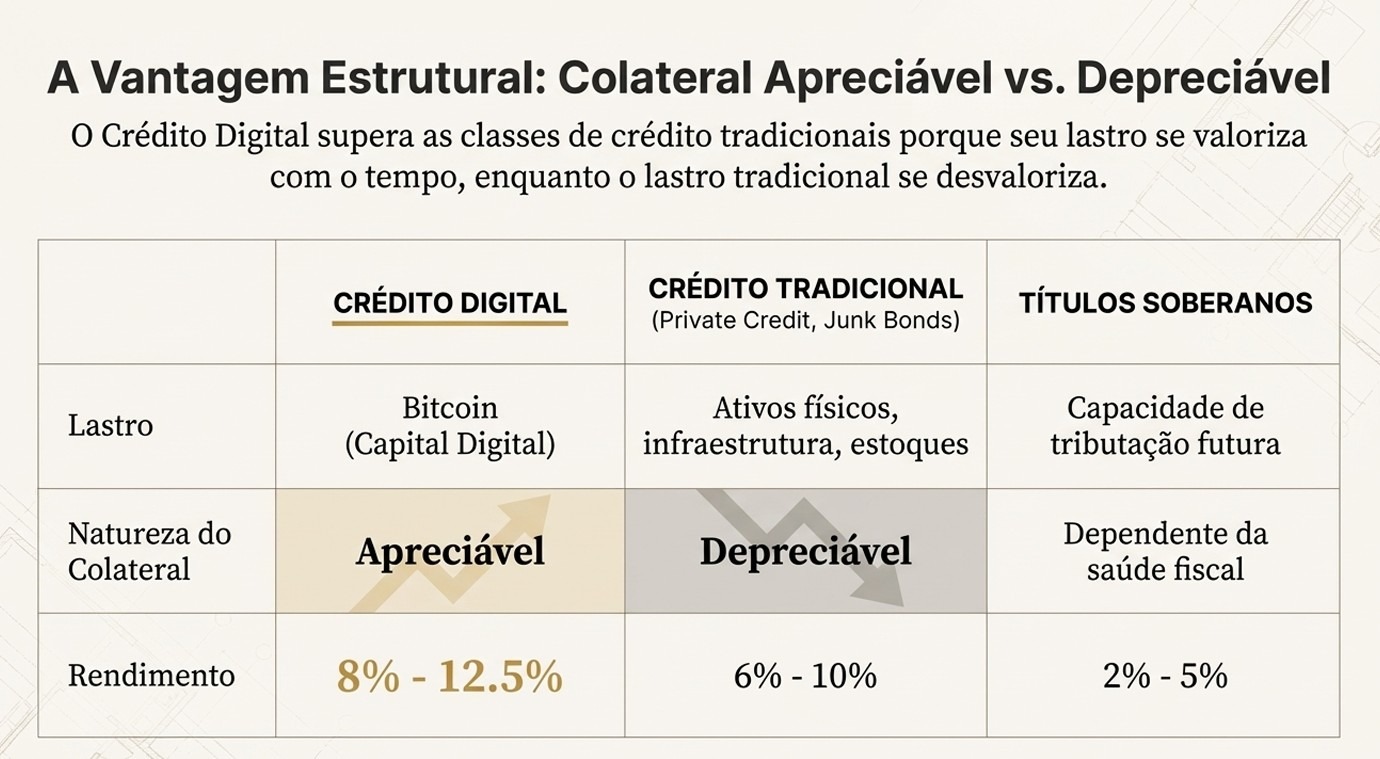 Comparação entre o crédito lastreado em Bitcoin e o crédito tradicional.