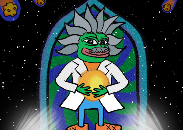 金色の球体を抱えたアインシュタイン風のPepeキャラが宇宙空間に浮かぶSolaxyのイメージ画像