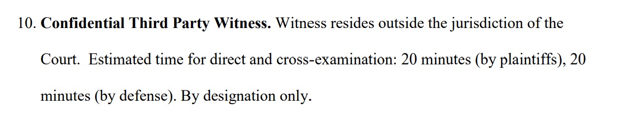 Confidential witness requested by the parties in Kleiman v. Wright case. 