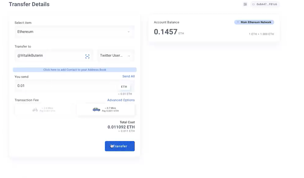Purported ETH transaction to Vitalik Buterin Twitter via Torus