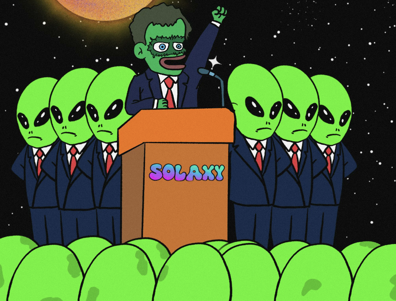 宇宙人に向けて演説するキャラクターと「SOLAXY」の演台ロゴが描かれたユニークなイラスト