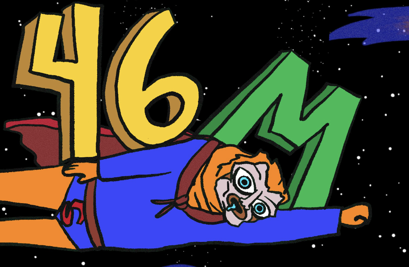 46Mの文字を背負い宇宙空間を飛ぶ眼鏡の男性キャラクターのコミカルなイラスト