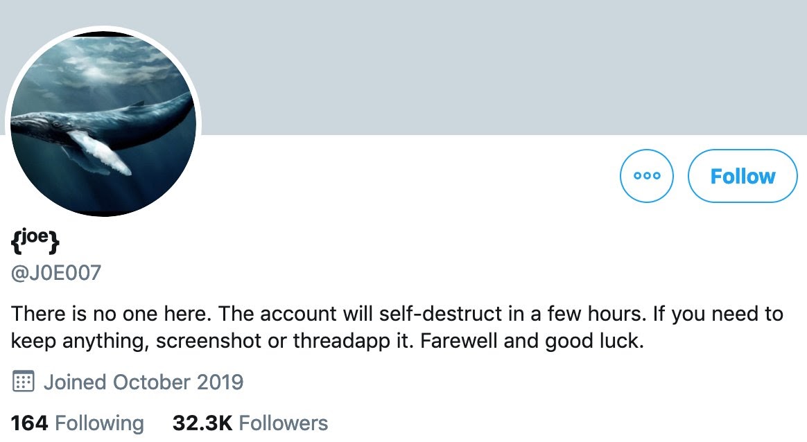 Joe007’s Twitter account before it self-destructed