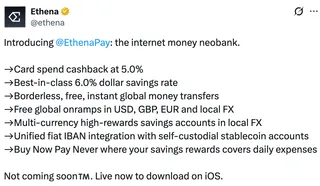 Ethena 推出 USDe 支付应用,提供最高 6% 年化奖励 3