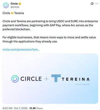 Circle与Tereina合作,将USDC和EURC接入SAP企业支付流程 3