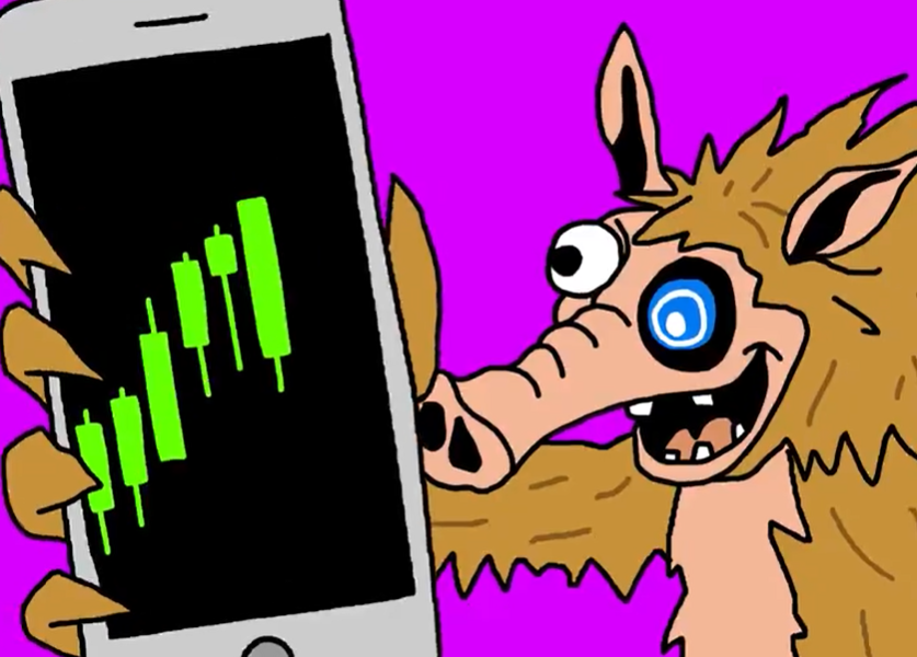 ピンクの背景に、取引チャートが表示されたスマートフォンを手に持つアリクイ風キャラクターのイラスト。スマホ画面には緑色のローソク足チャートが描かれ、暗号通貨取引を示唆している。