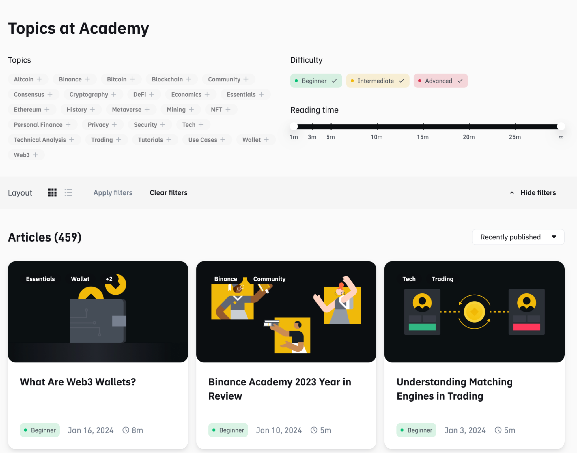 Users can select from a wide range of topics to learn at Binance Academy. Source: Binance