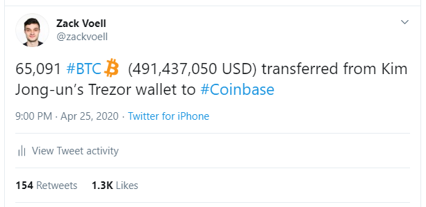 Kim Jong-Un’s deleted Bitcoin transfer joke. Source: Twitter