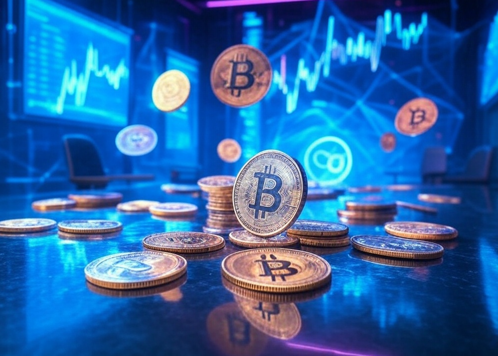 多数のビットコイン風のコインが浮遊する未来的な金融空間を背景に、デジタルグラフやAIアイコンが輝くイメージ。ミーム×AIの新興プロジェクト『MIND of Pepe』を象徴するビジュアル。