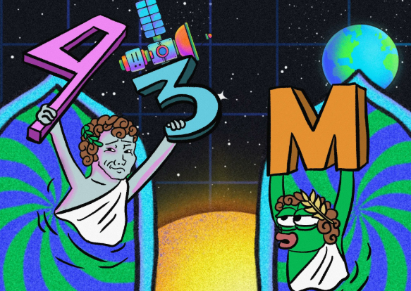 宇宙空間でギリシャ神風キャラクターが43とMを掲げるイラスト