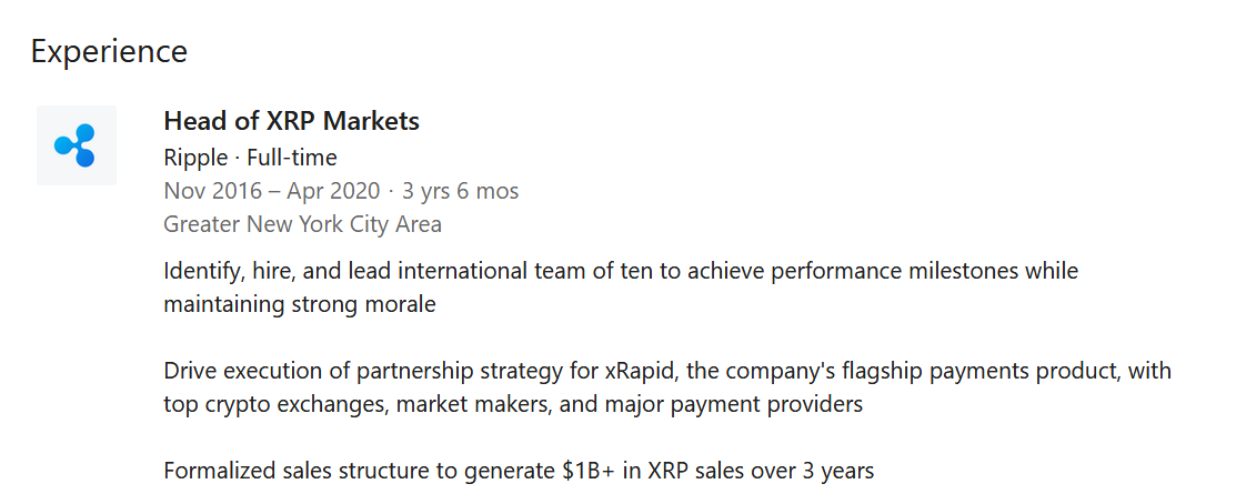 Miguel Vias’ LinkedIn status shows the end of his 3.5 year tenure at Ripple