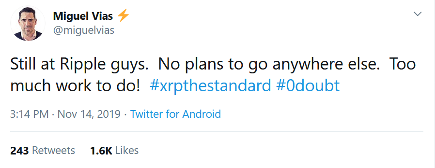 The last tweet sent by Vias was a reminder that he still worked for Ripple, and didn’t plan to leave