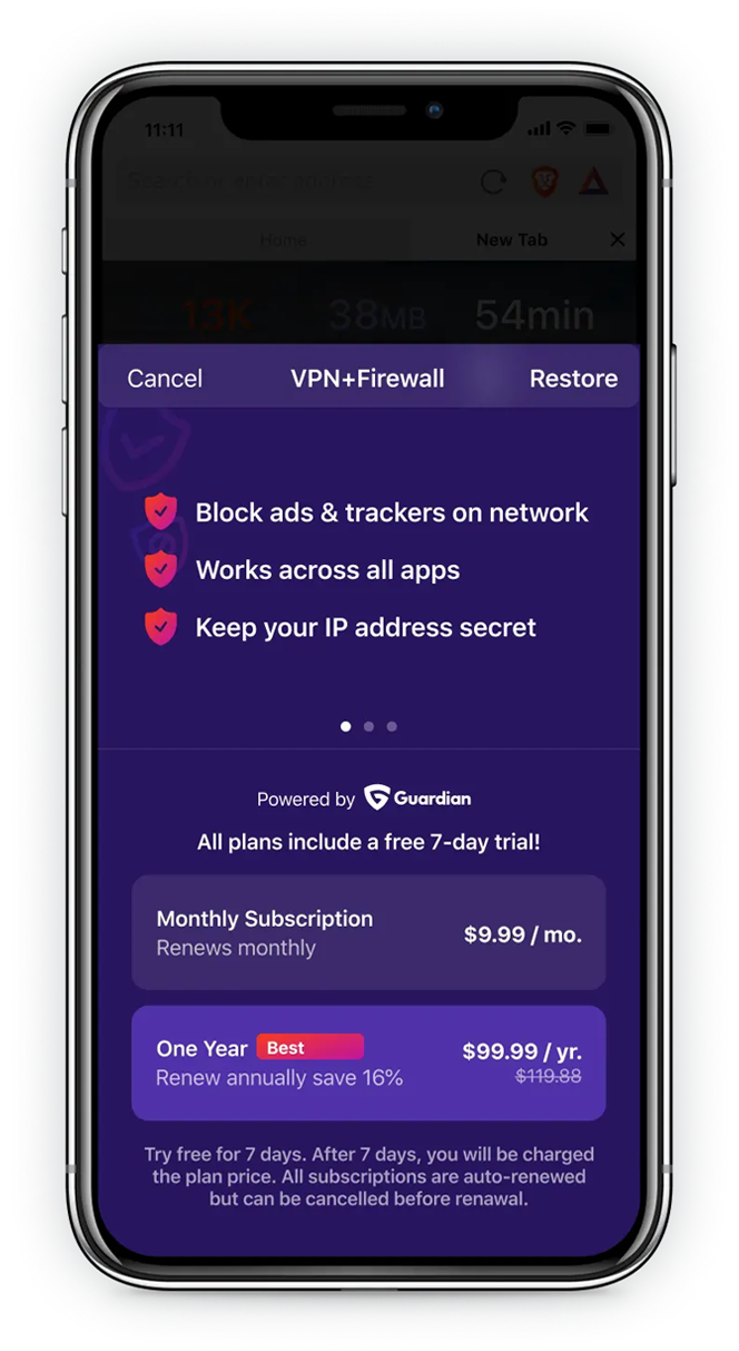 A screenshot of Brave’s VPN+Firewall