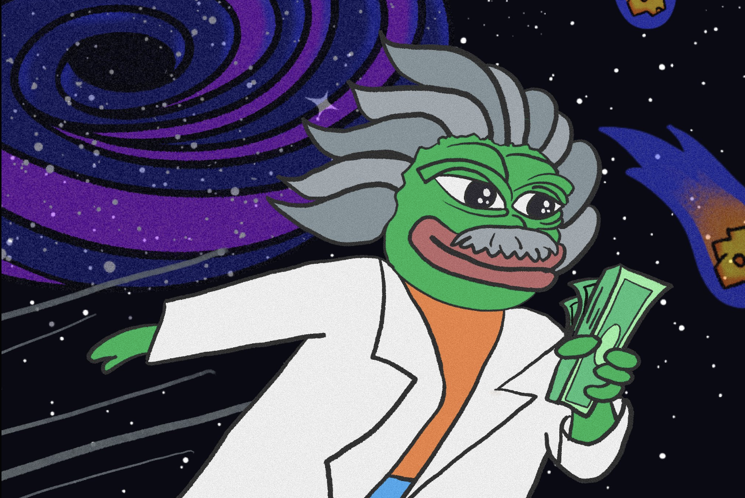 銀髪の科学者風キャラが札束を手に宇宙空間を漂い、背後に渦巻くワームホールや流星が描かれたイラスト