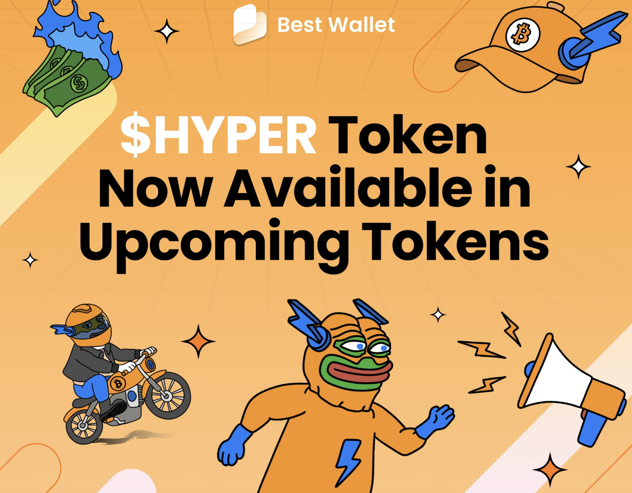 Best Walletの「Upcoming Tokens」機能で$HYPERトークンが利用可能になったことを告知するバナーイラスト