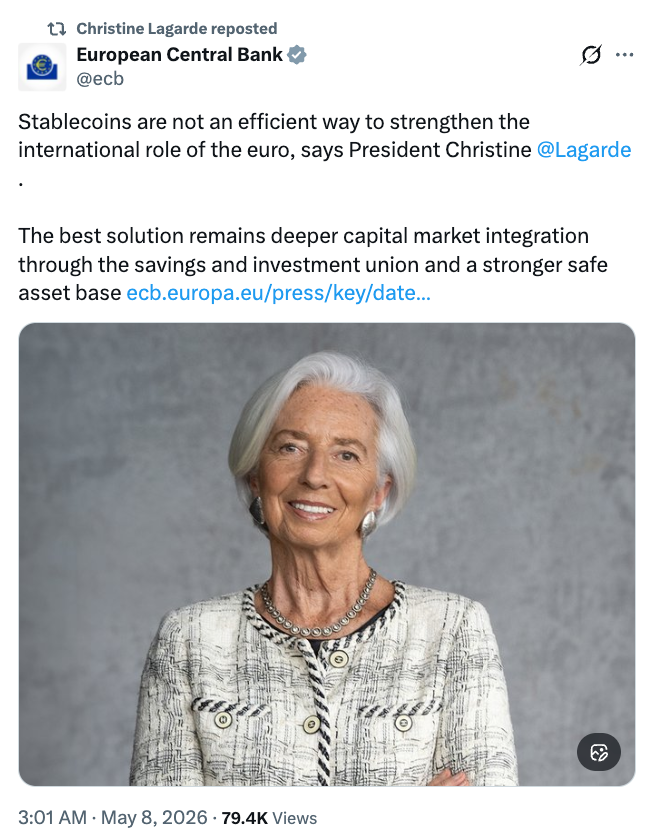 Lagarde Says Stablecoins Will Not Strengthen Euro’s International Function