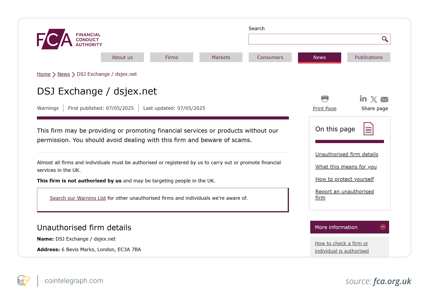 UK FCA issues alert on DSJ Exchange